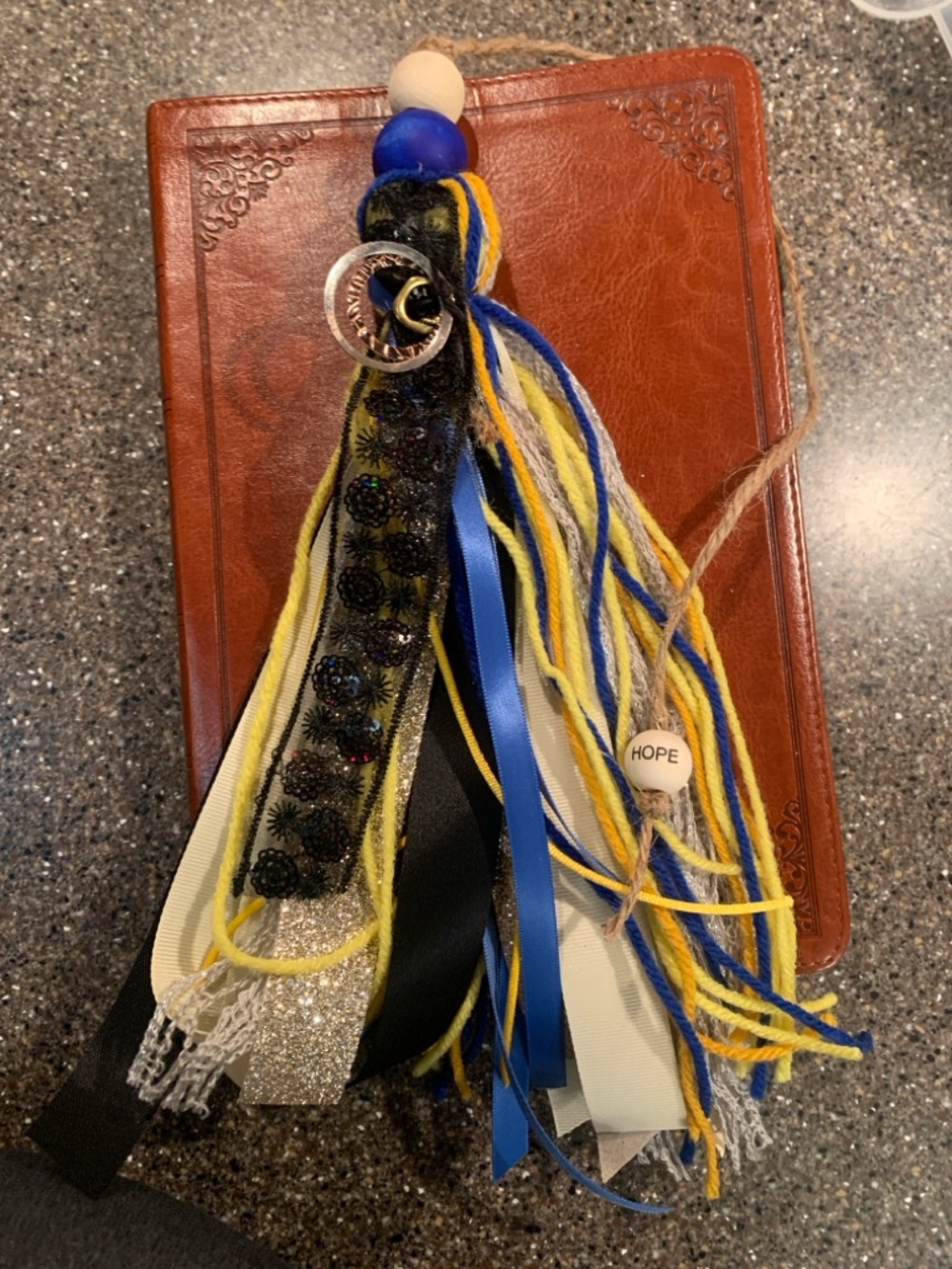 Handmade Bible/Book Tassel Charm with Blue, Yellow and White Accents